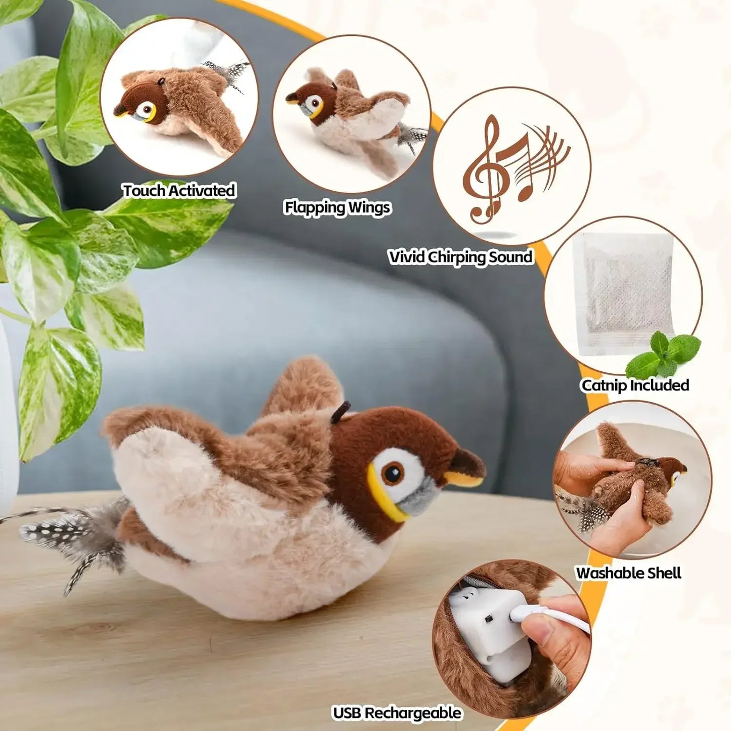 Interactive Chirping Bird Toy – Plush Catnip Pet Toy for Cats & Small Dogs