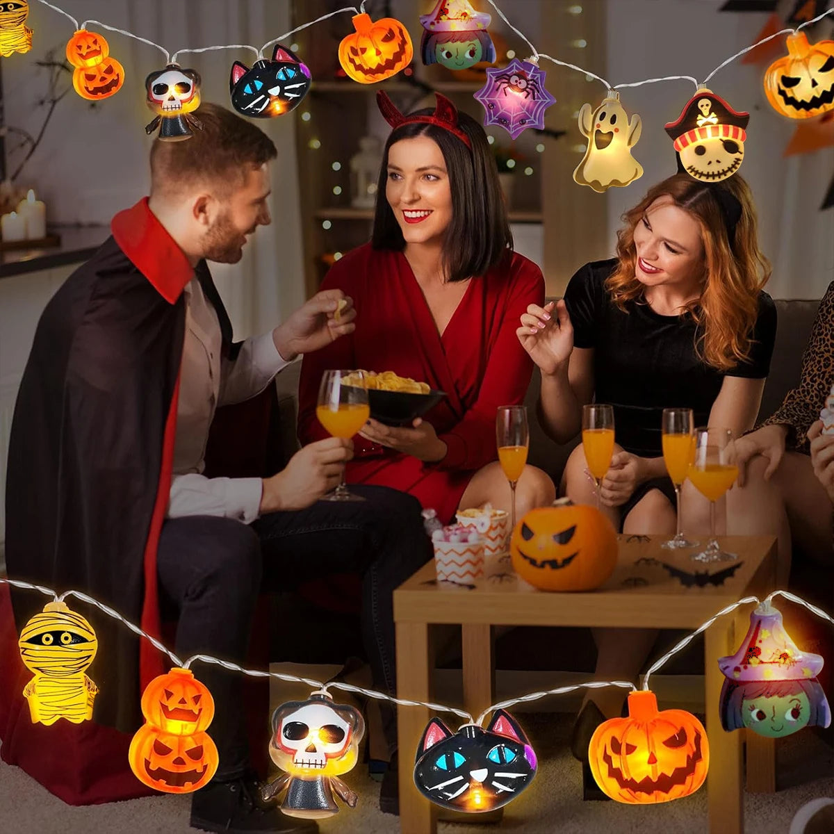 Halloween String Lights – 10/20/30 LED Pumpkin, Bat, Ghost, Cat, Spider, Pirate, Witch & Mummy Shapes for Home & Garden Décor
