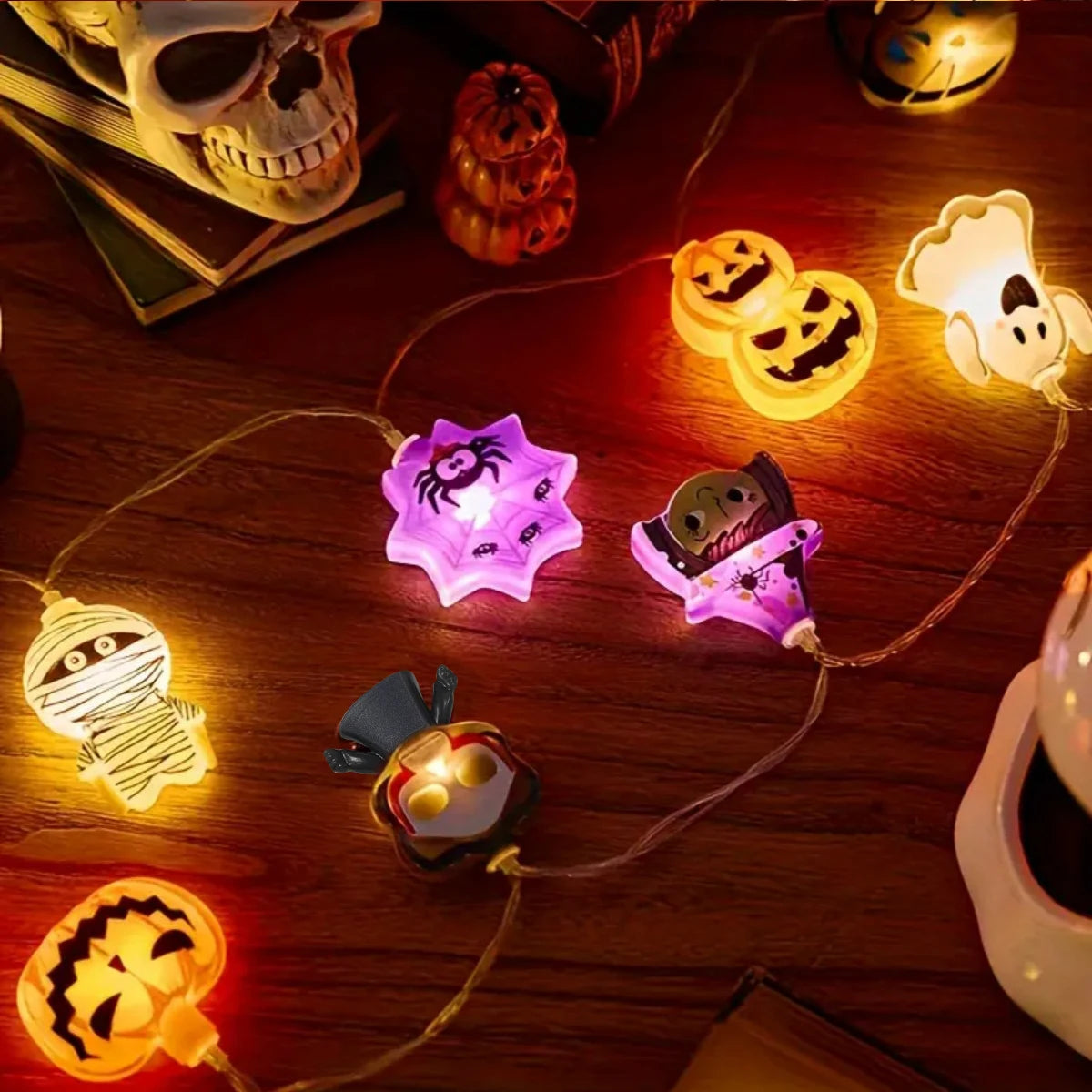 Halloween String Lights – 10/20/30 LED Pumpkin, Bat, Ghost, Cat, Spider, Pirate, Witch & Mummy Shapes for Home & Garden Décor