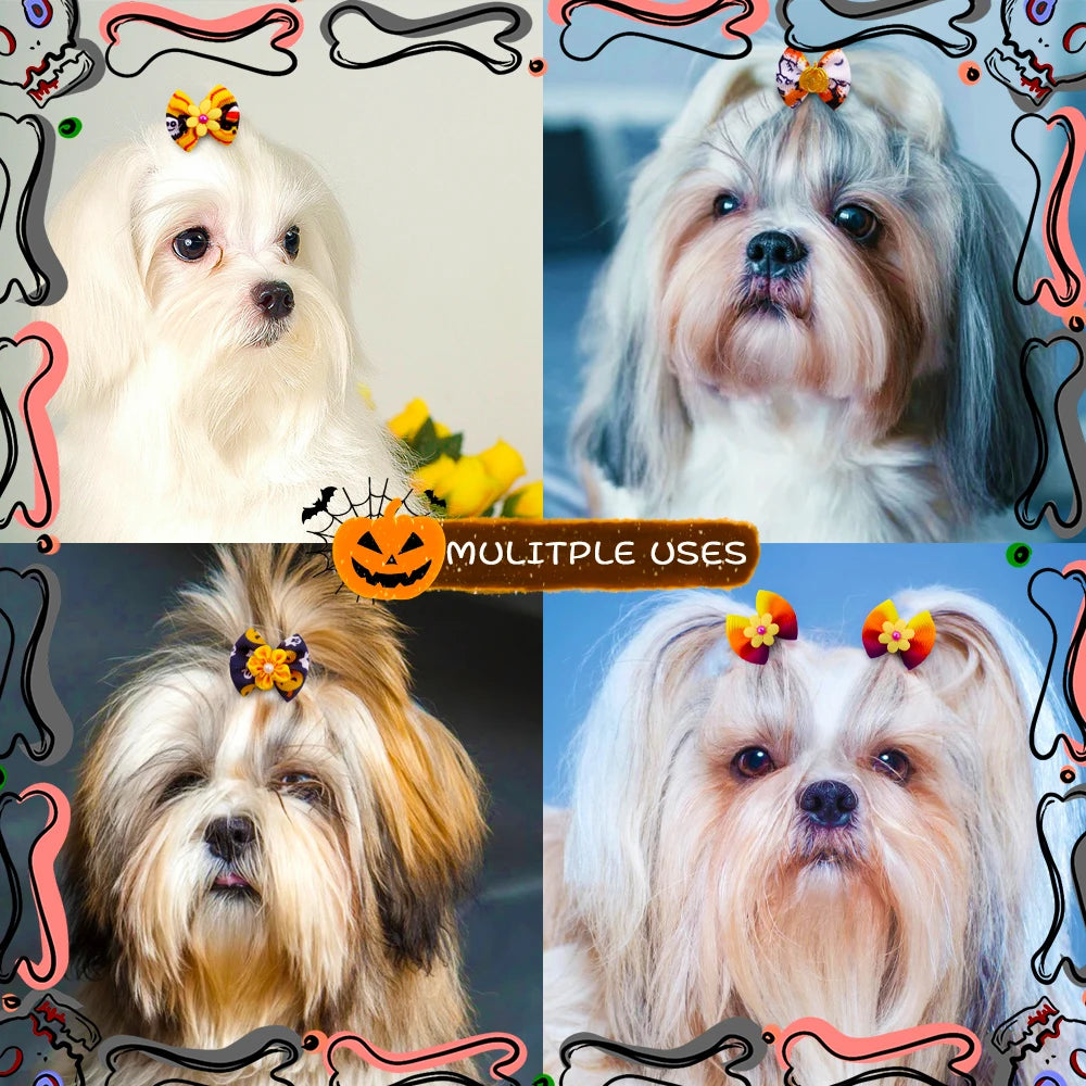 Halloween Pet Bows 10/20/30PCS – Pumpkin & Ghost Rubber Band Bowknots for Dogs