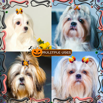 Halloween Pet Bows 10/20/30PCS – Pumpkin & Ghost Rubber Band Bowknots for Dogs