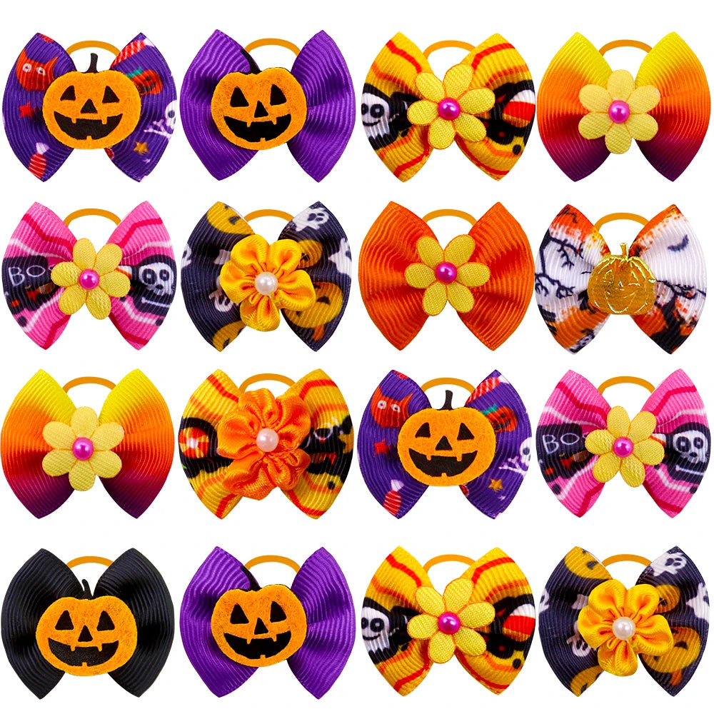 Halloween Pet Bows 10/20/30PCS – Pumpkin & Ghost Rubber Band Bowknots for Dogs