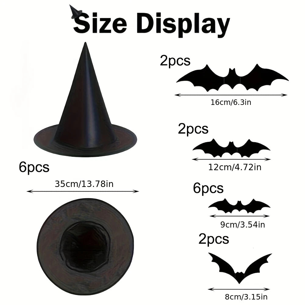 18-Piece Halloween Witch Hat Set™ – 3D Bats & Party Decor