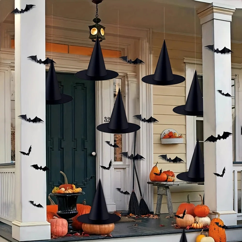 18-Piece Halloween Witch Hat Set™ – 3D Bats & Party Decor