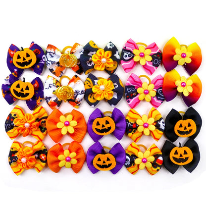 Halloween Pet Bows 10/20/30PCS – Pumpkin & Ghost Rubber Band Bowknots for Dogs
