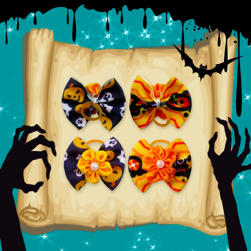 Halloween Pet Bows 10/20/30PCS – Pumpkin & Ghost Rubber Band Bowknots for Dogs