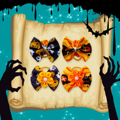Halloween Pet Bows 10/20/30PCS – Pumpkin & Ghost Rubber Band Bowknots for Dogs