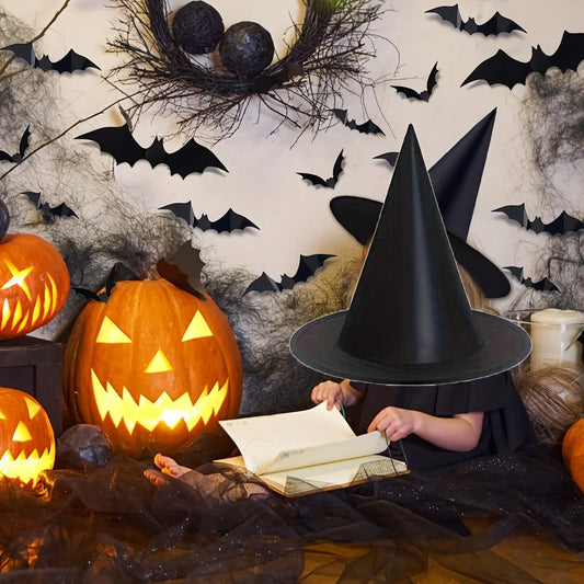 18-Piece Halloween Witch Hat Set™ – 3D Bats & Party Decor