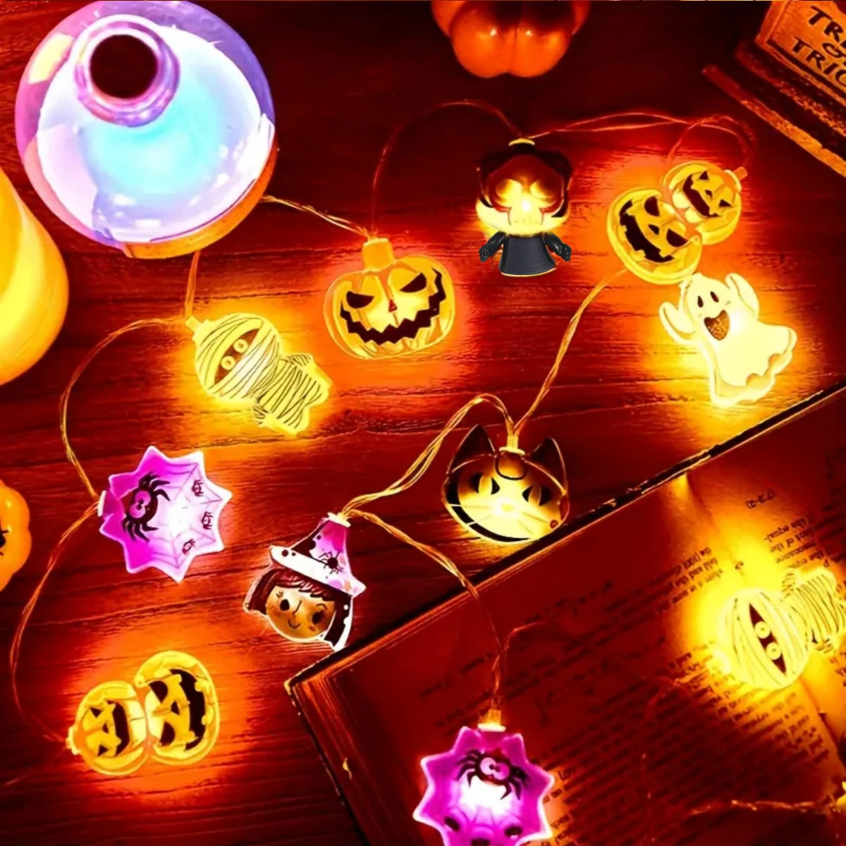 Halloween String Lights – 10/20/30 LED Pumpkin, Bat, Ghost, Cat, Spider, Pirate, Witch & Mummy Shapes for Home & Garden Décor