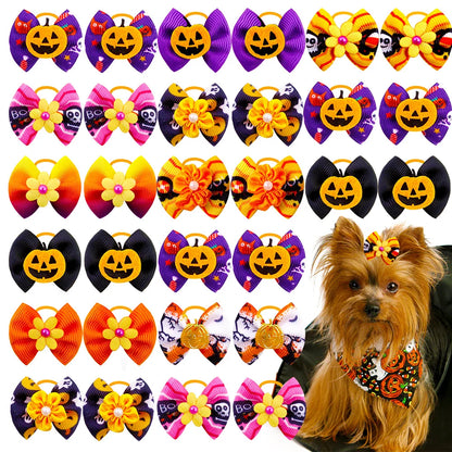 Halloween Pet Bows 10/20/30PCS – Pumpkin & Ghost Rubber Band Bowknots for Dogs