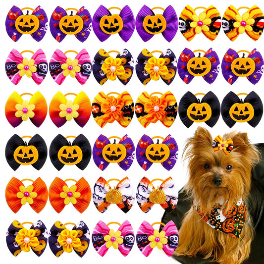 Halloween Pet Bows 10/20/30PCS – Pumpkin & Ghost Rubber Band Bowknots for Dogs